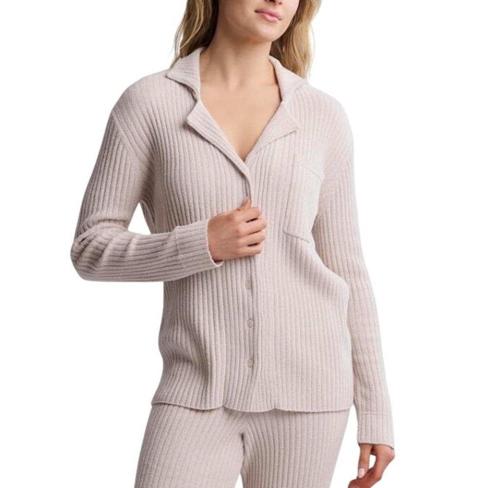 Barefoot Dreams CozyChic Ultra Lite Lurex Rib Button Front Shirt Size XL Chai